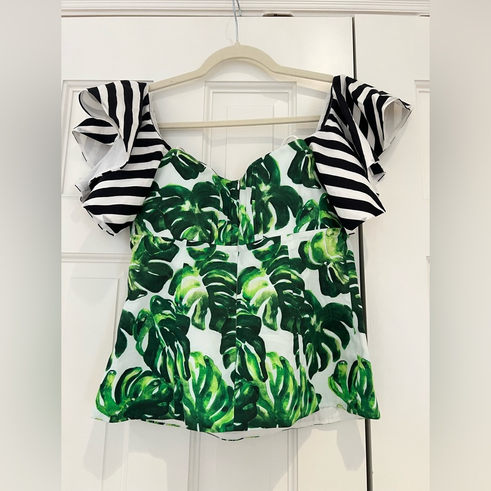 Caroline Constas Green Leaf Print Sweetheart Top with Striped Sleeves